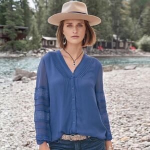 Sundance Mellow Days Cupro Pintuck Lace Inset Blouse sz S